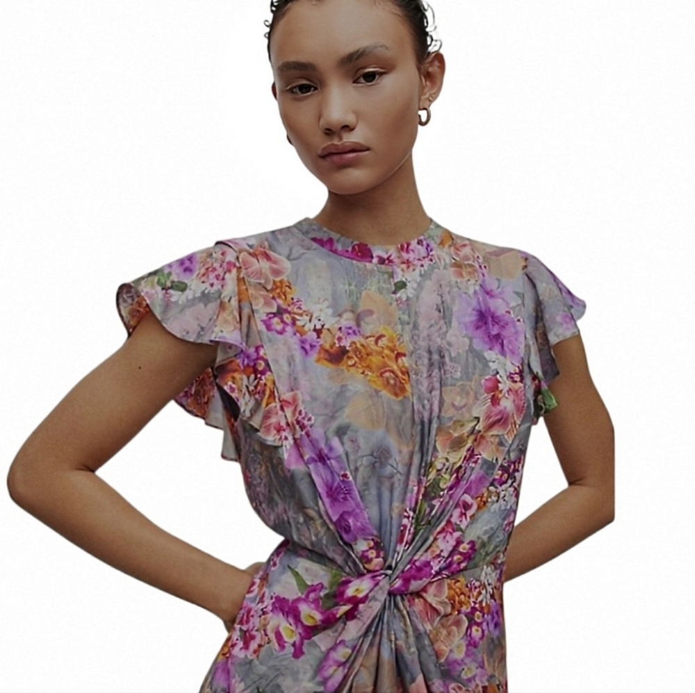All Saints Jemille Lucia Silk Blend Lined Mini Dress Flutter Sleeves Grey Floral - Picture 2 of 16
